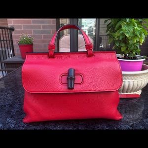 Gucci Bamboo Daily Top Handbag Red Leather Medium